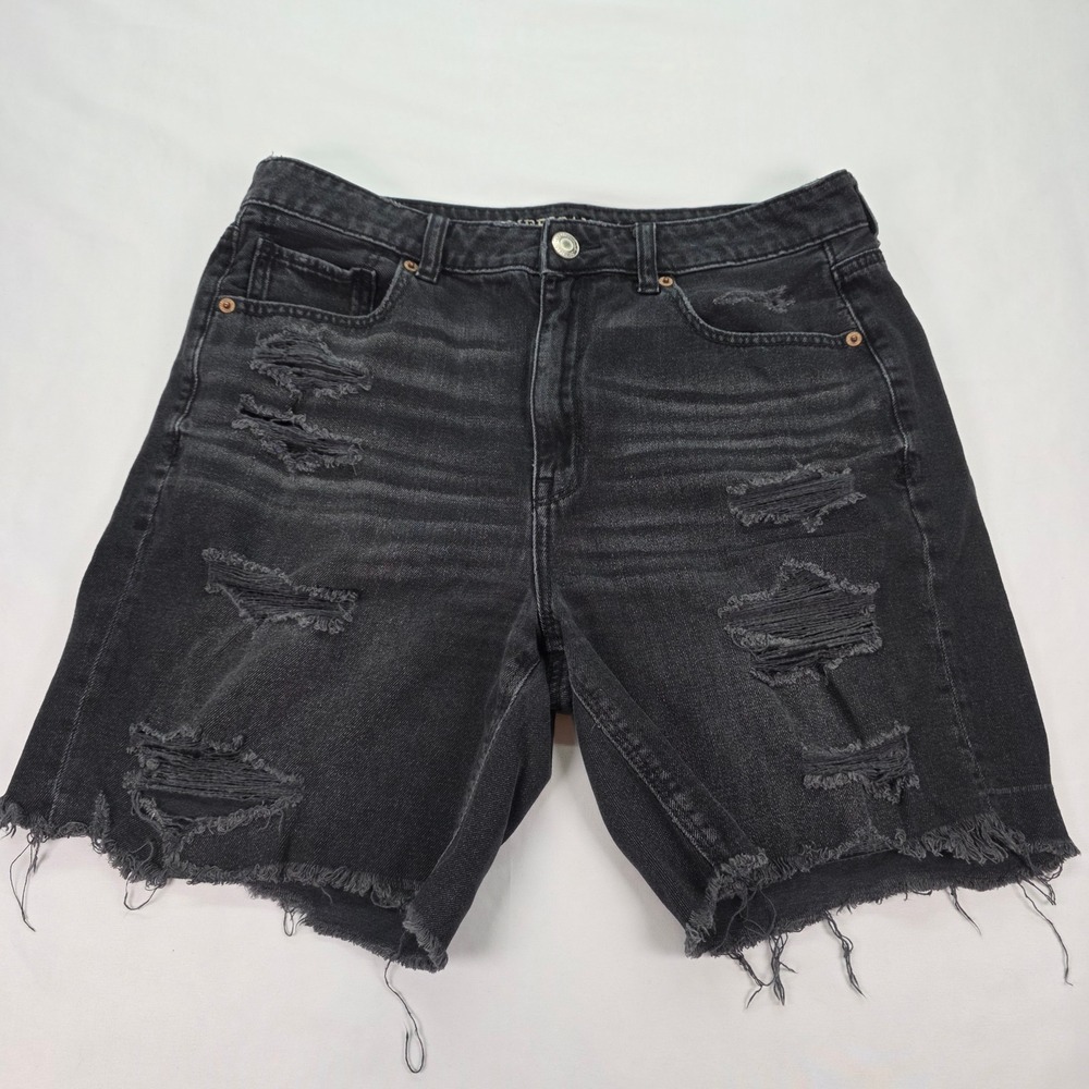 American Eagle Womens Distressed Denim Shorts Black High Waisted Frayed Hem 12 - Picture 1 of 6